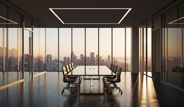 Modern corporate headquarters executive floor with city skyline view — best enterprise content marketing agencies
