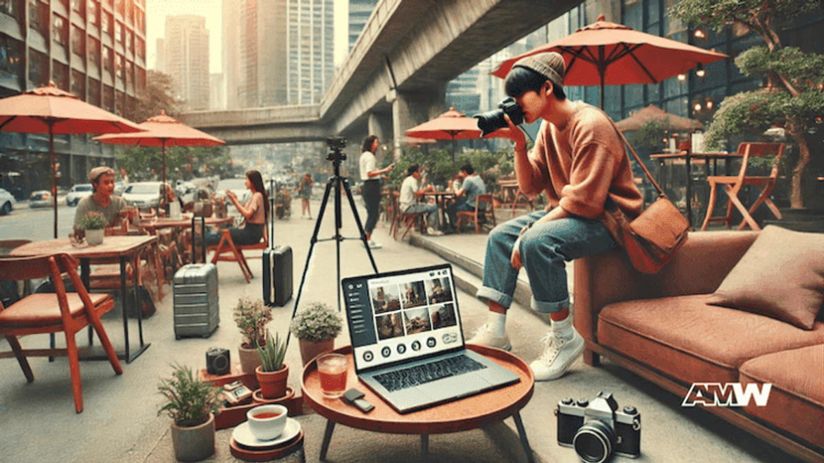 Outdoor cafe photographer with camera and laptop