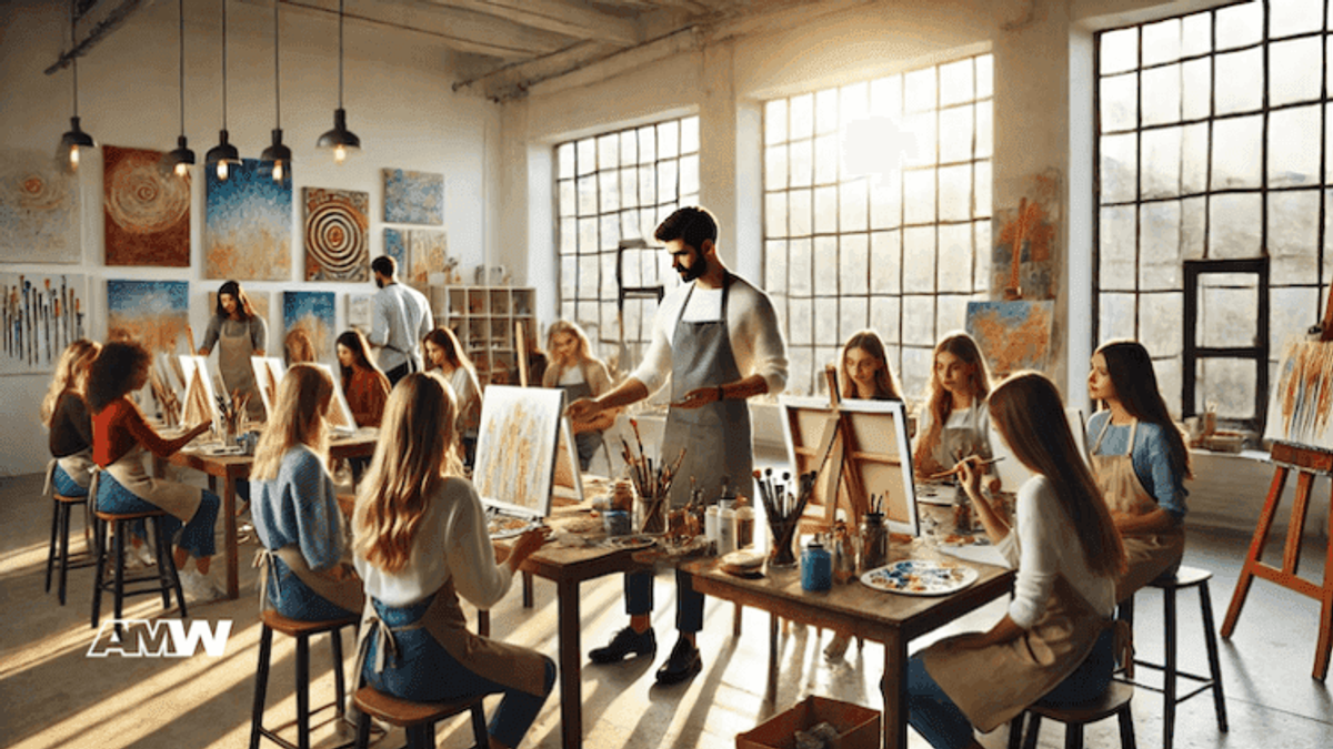Art class with students painting on easels