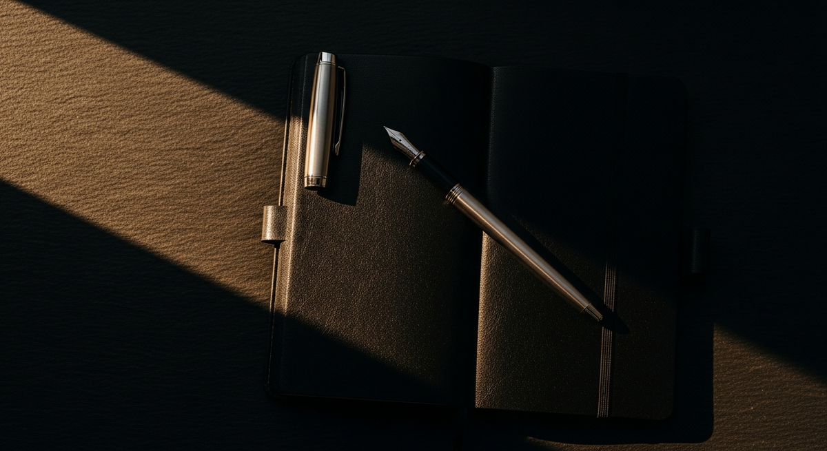 Elegant fountain pen and leather notebook on dark matte surface with dramatic side lighting