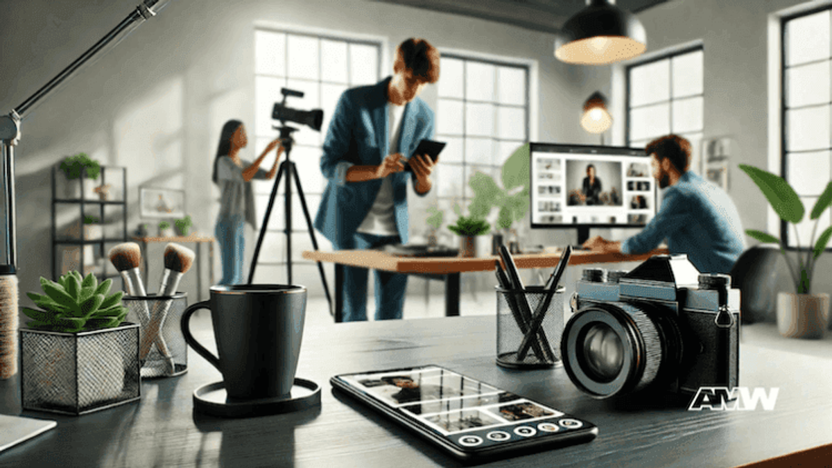 Creative office workspace with camera and tablet.