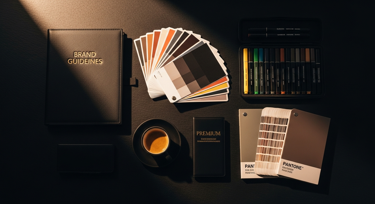 Marketing brand materials and creative tools carefully arranged on dark slate surface with warm side lighting