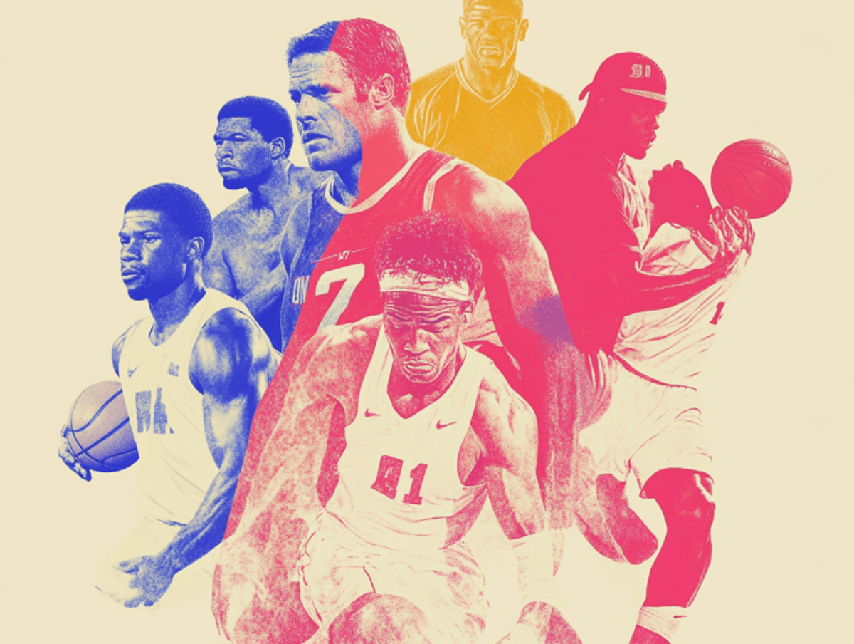 Illustration of diverse basketball players in action.