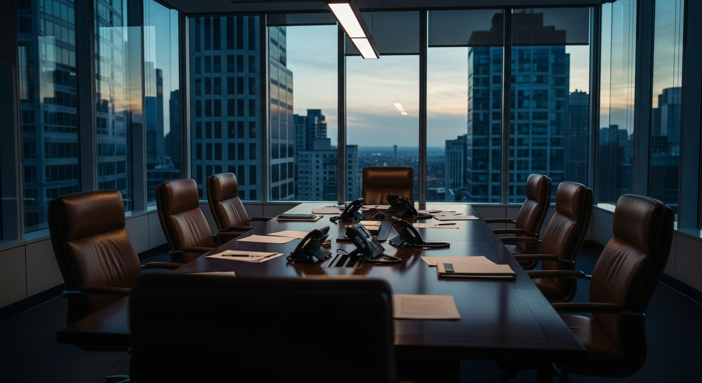 Corporate crisis management boardroom at dusk with city skyline