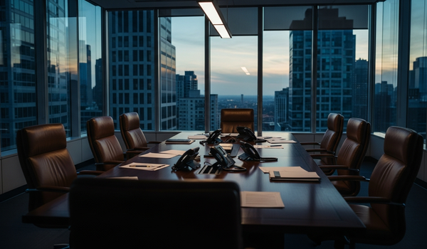 Corporate crisis management boardroom at dusk with city skyline