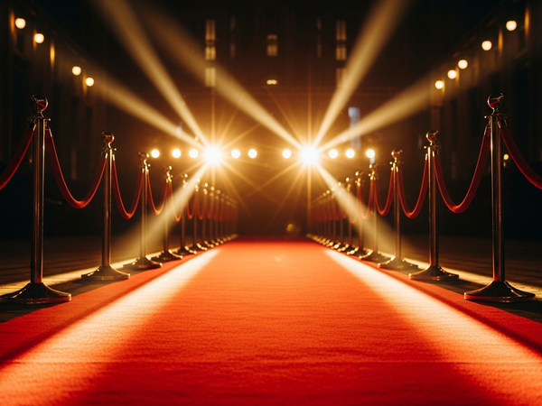 Entertainment marketing services - red carpet premiere setup with velvet ropes and spotlights