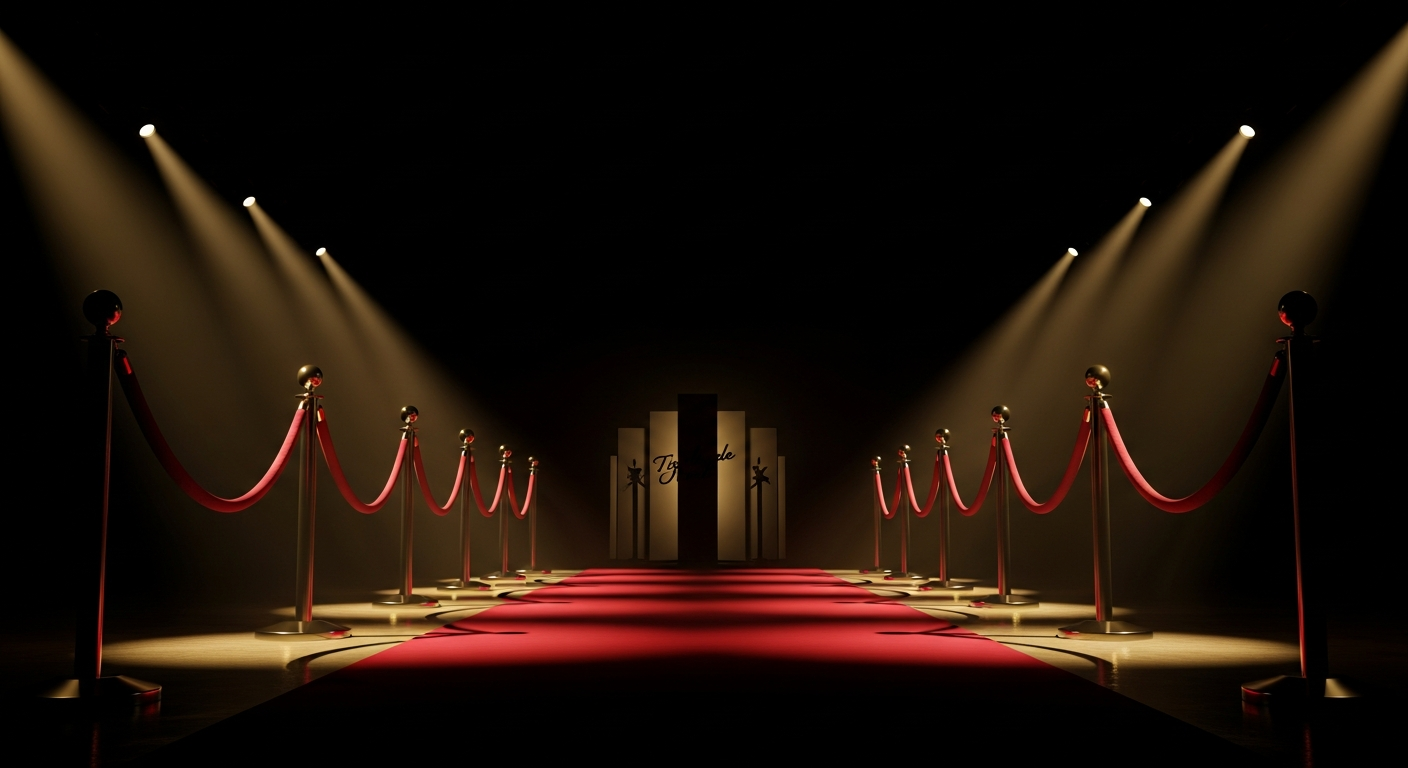 Red carpet premiere setup with dramatic spotlights at night