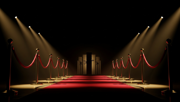 Red carpet premiere setup with dramatic spotlights at night