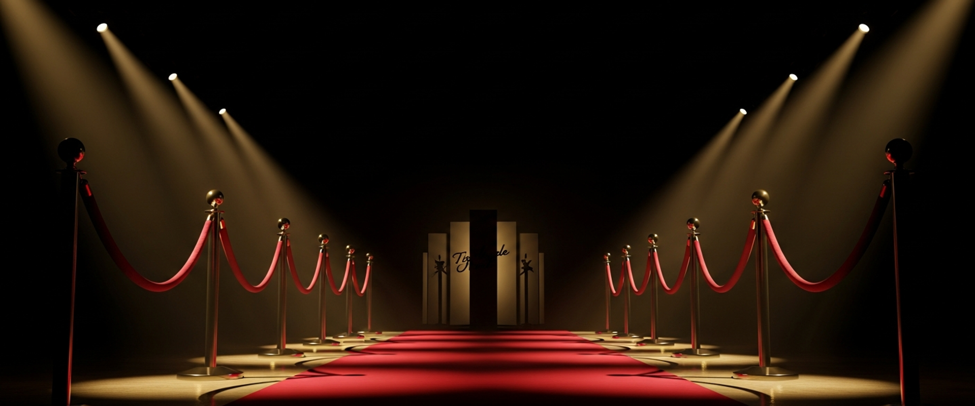 Red carpet premiere setup with dramatic spotlights at night