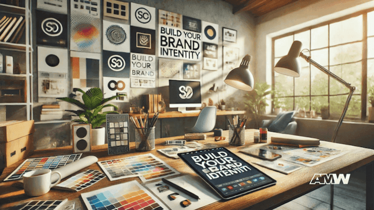Workspace with brand identity design materials