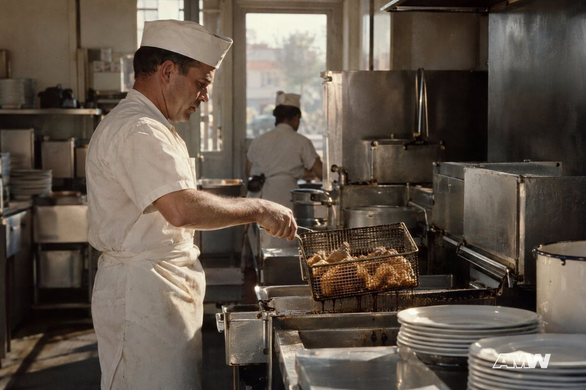 A cook in a white apron and cap lifts a wire basket of fried chicken from a deep fryer in a vintage kitchen.