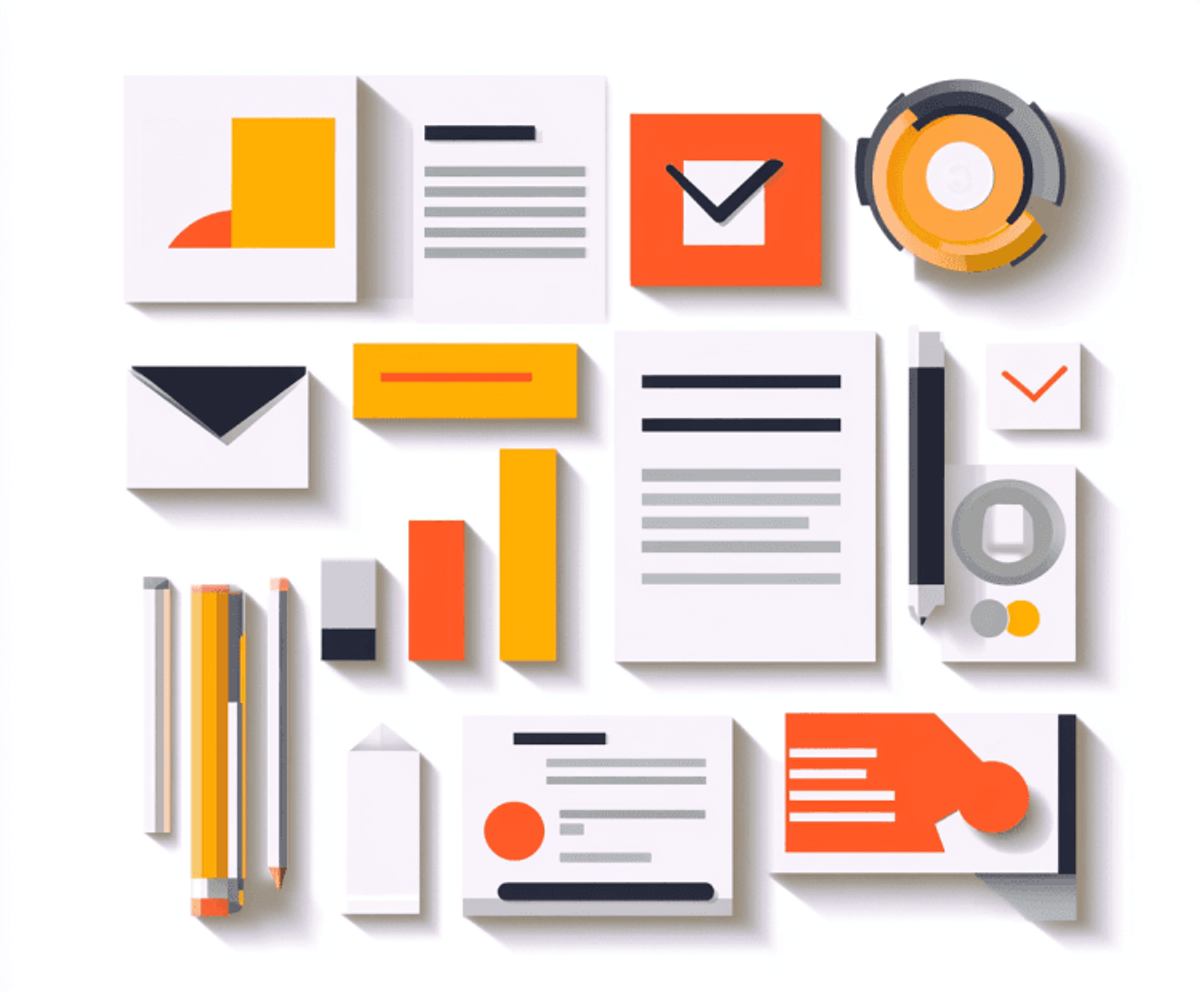 Colorful office stationery and document icons collection.
