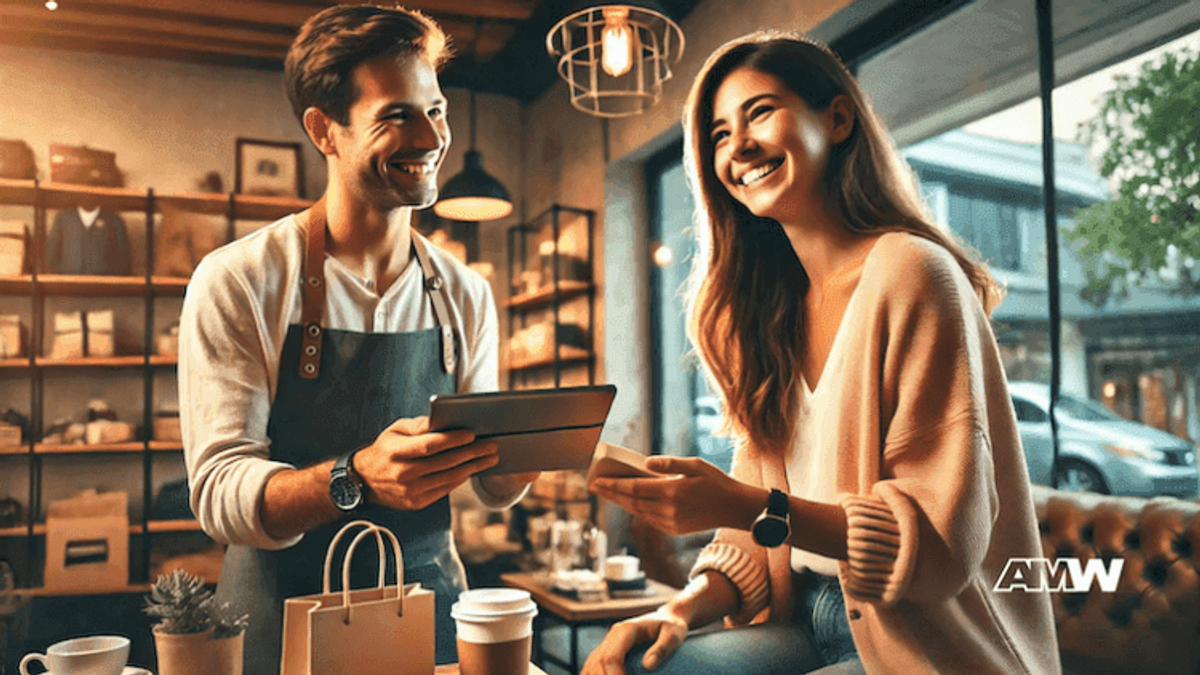 Barista serving smiling customer in cozy cafe.
