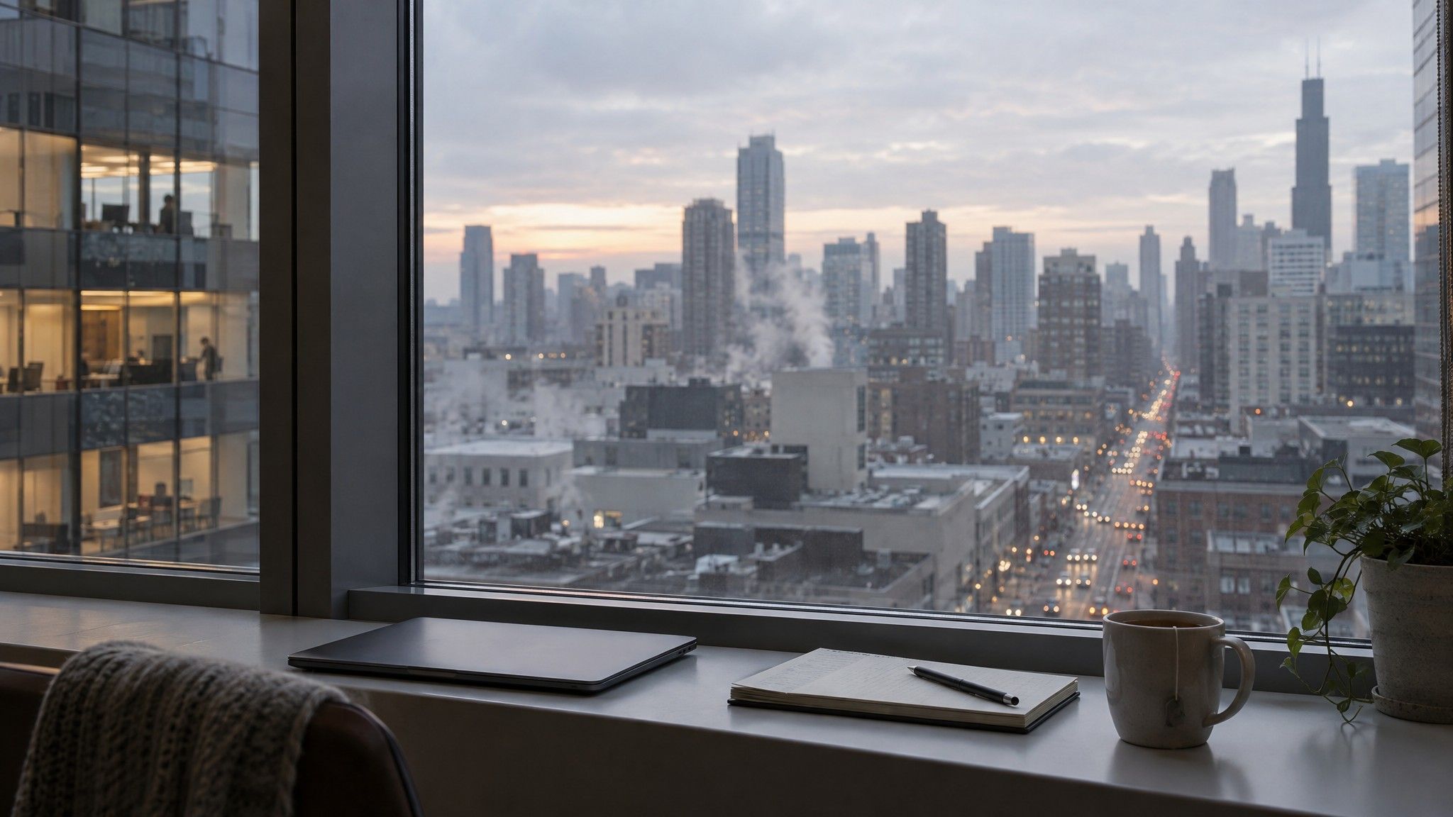 Closed laptop, notebook and tea on a window sill at dawn