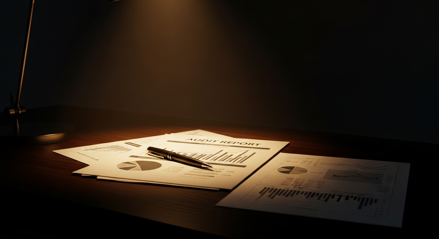 Audit report documents under warm spotlight on a dark executive desk
