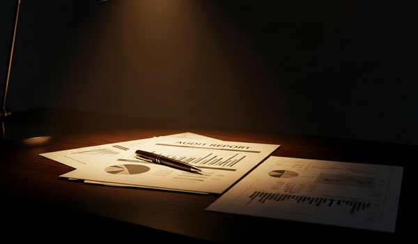 Audit report documents under warm spotlight on a dark executive desk