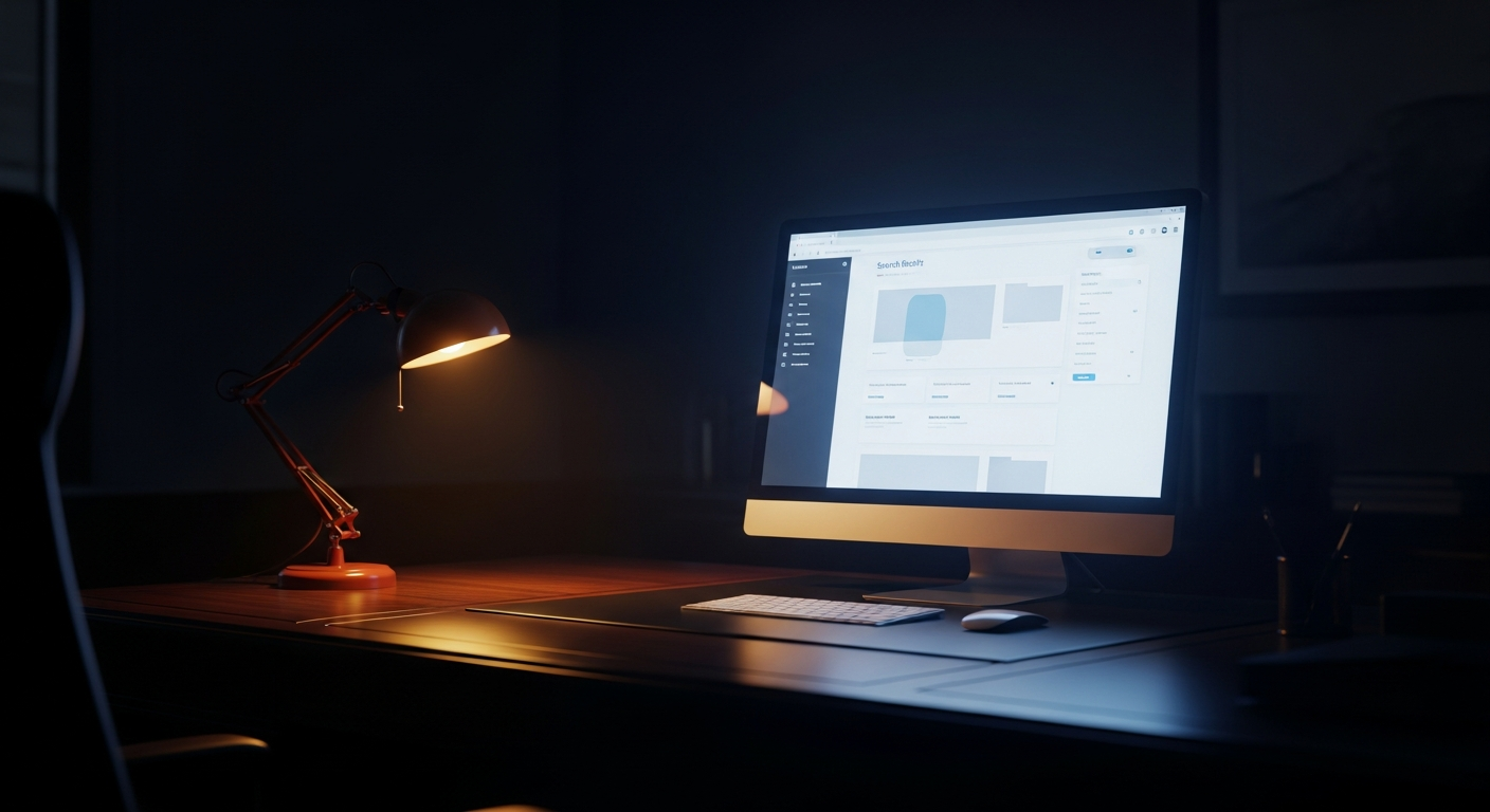 Monitor showing search results in dimly lit executive office representing online reputation management