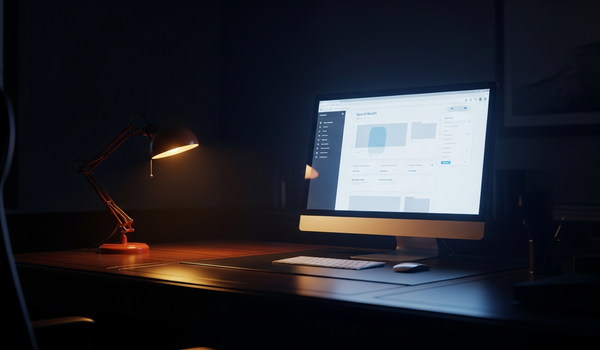 Monitor showing search results in dimly lit executive office representing online reputation management