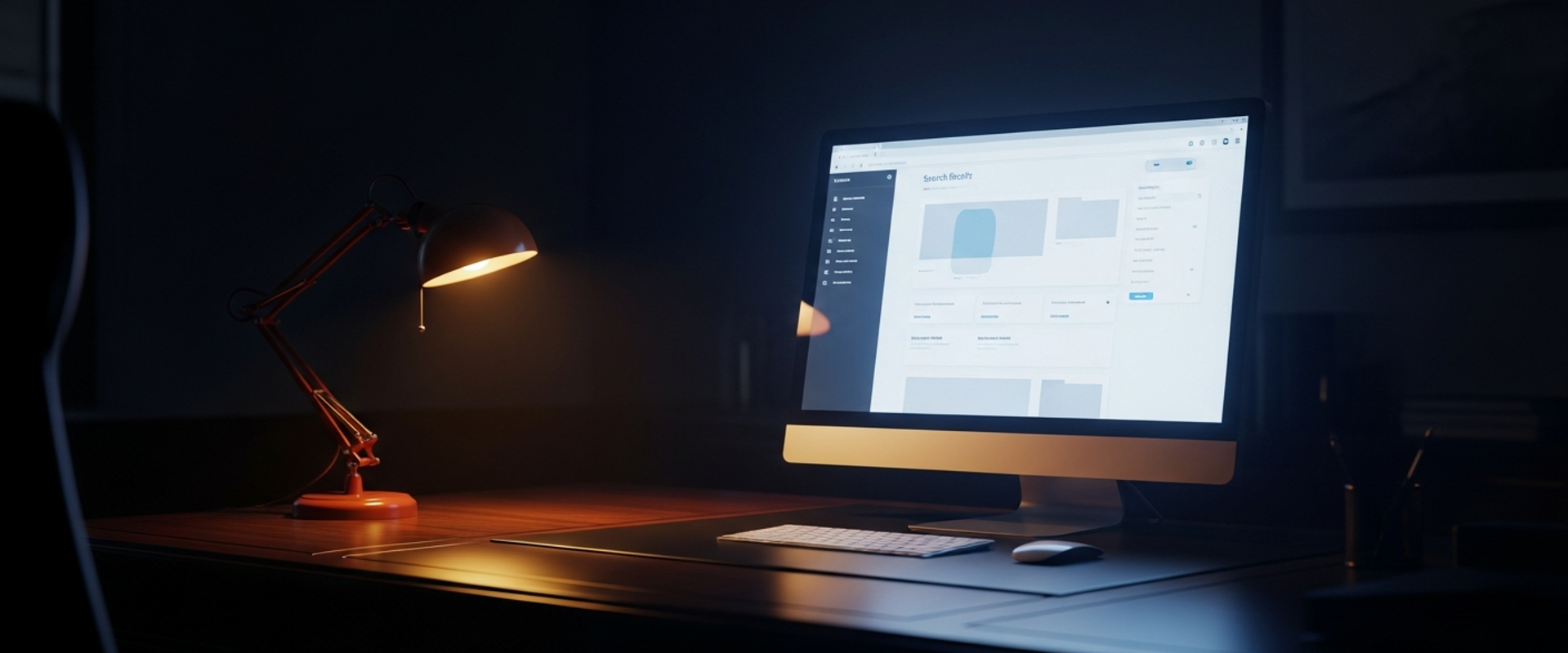 Monitor showing search results in dimly lit executive office representing online reputation management