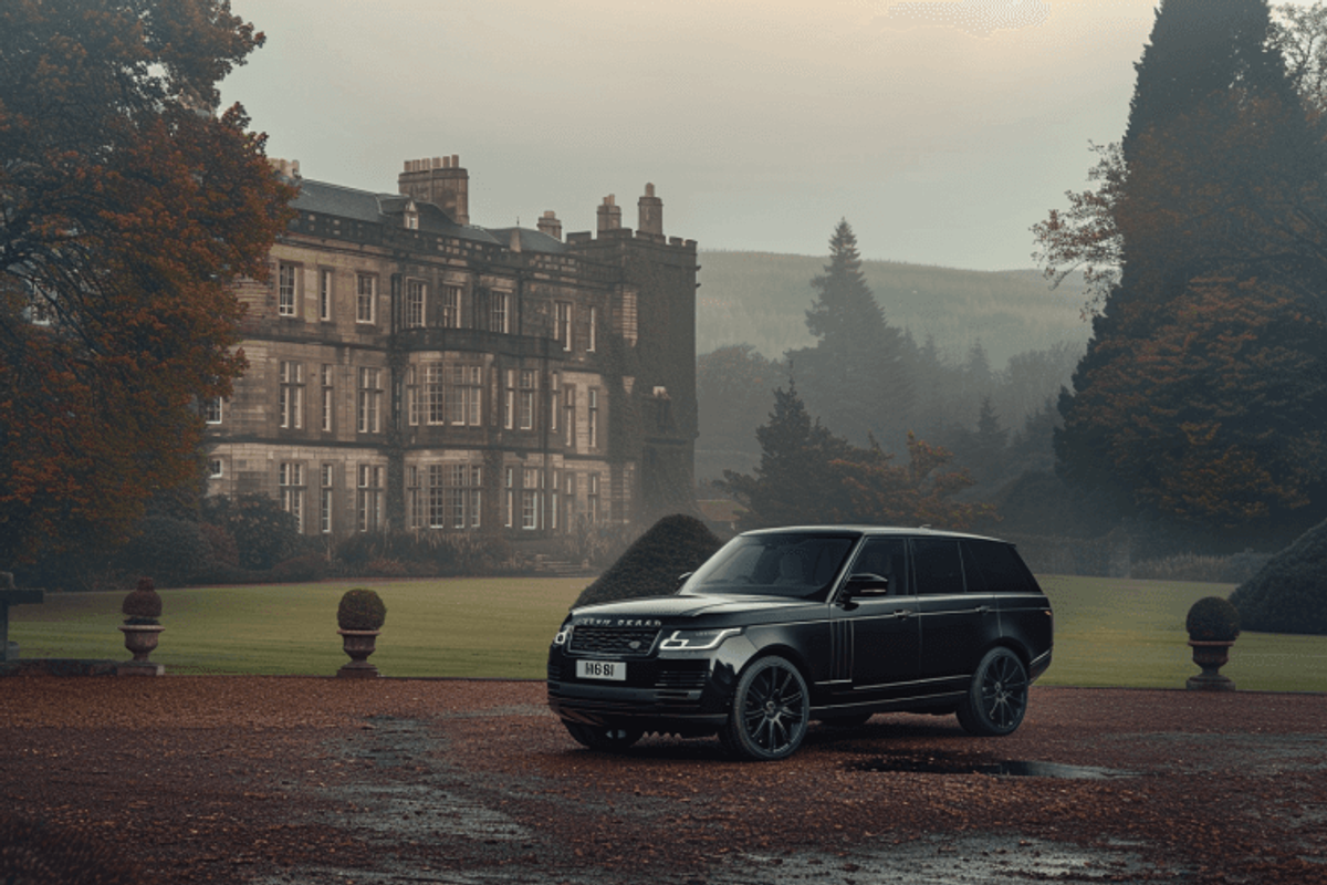 Luxury SUV parked in front of historic mansion.