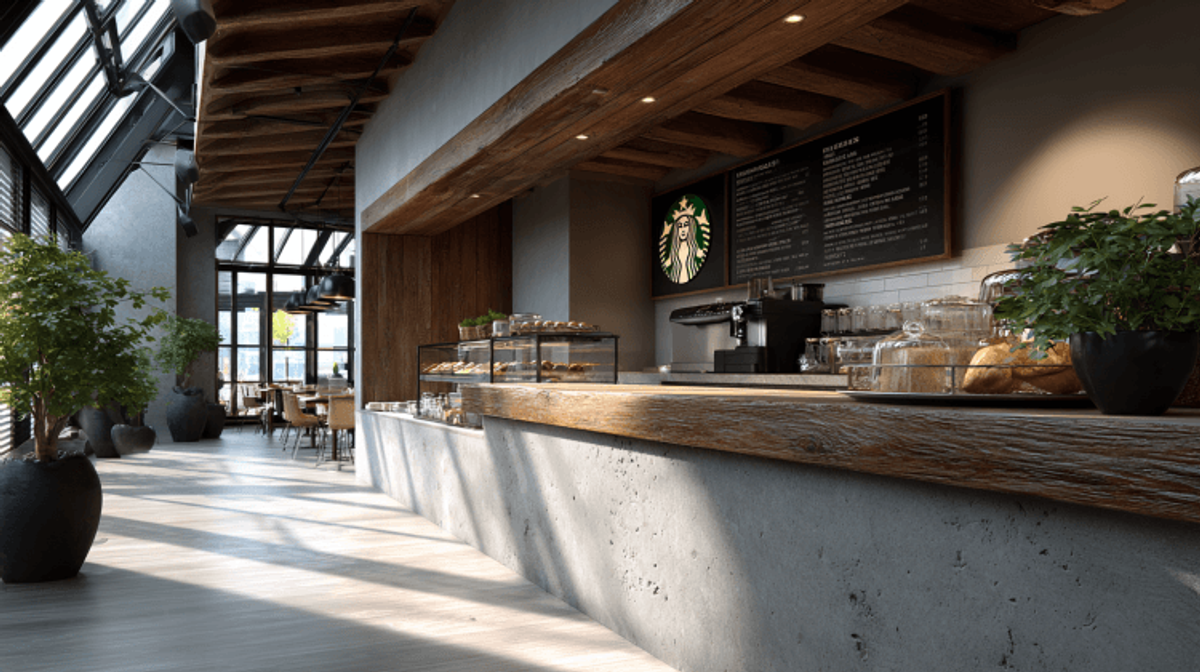 Modern coffee shop with wooden interior and plants.