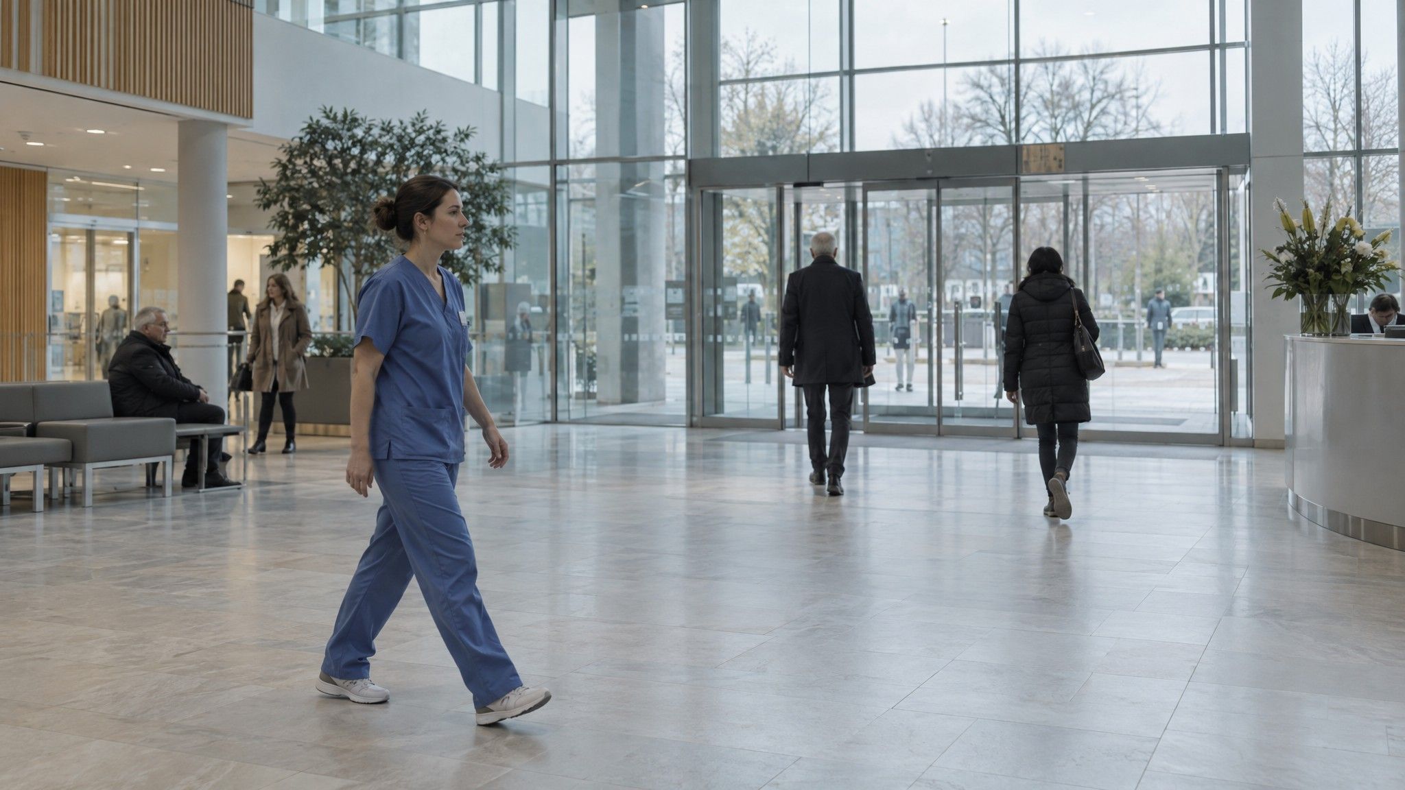 Hospital glass entrance atrium with pale stone floor