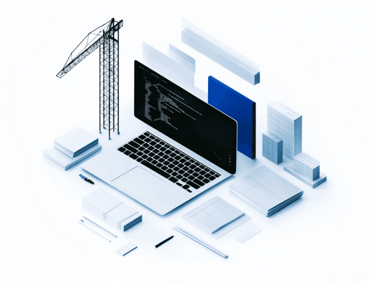 Laptop with architectural plans and crane model.