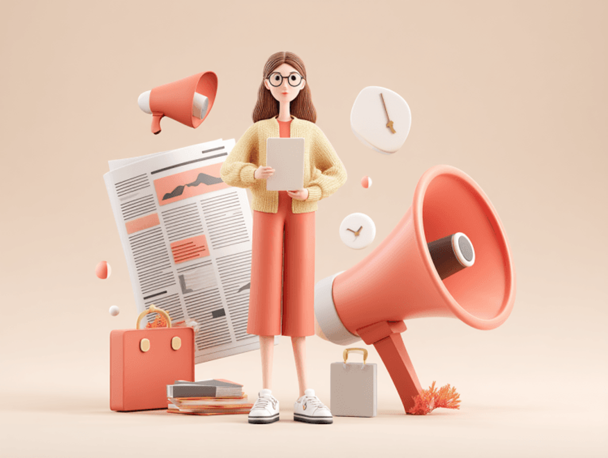 Woman with tablet, megaphone, newspaper, and clock.