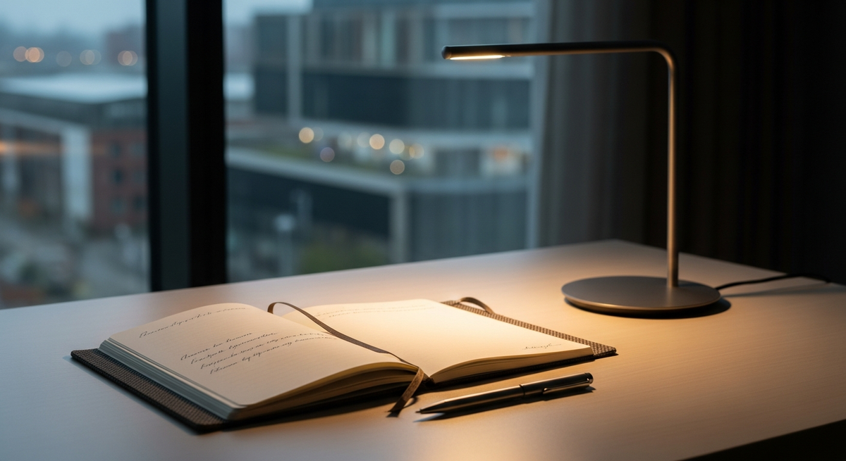 Refined workspace with notebook and pen for thoughtful decision making