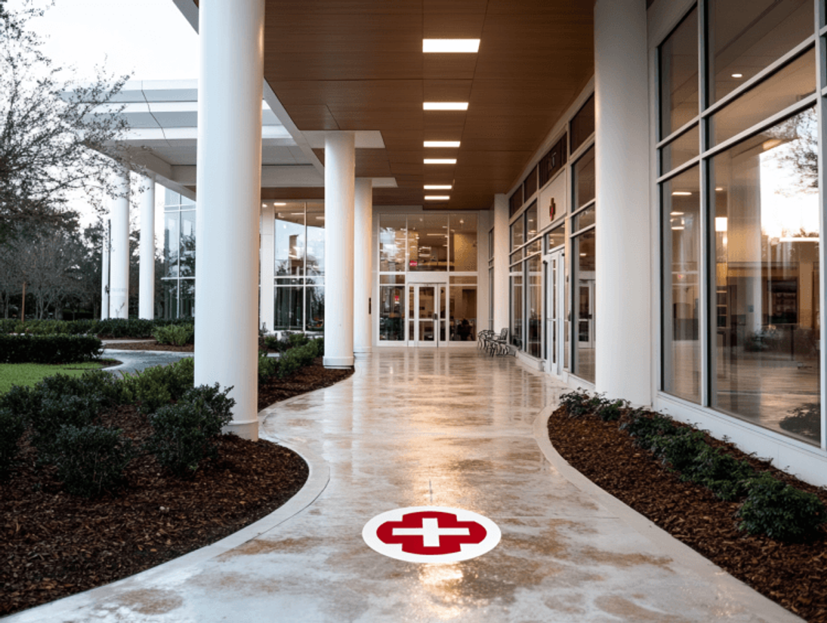 Modern hospital entrance with emergency symbol on walkway.