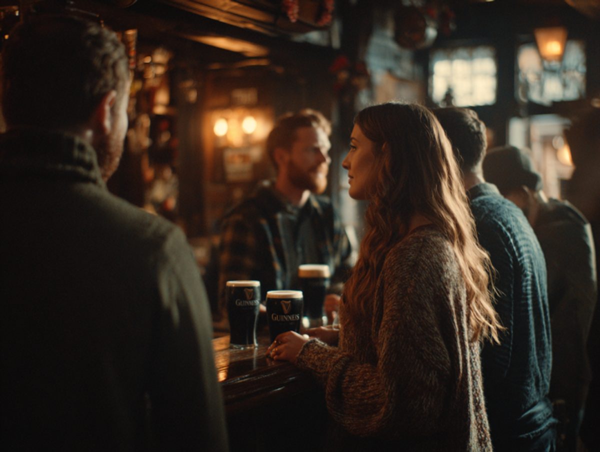 People socializing in cozy pub with beer pints.