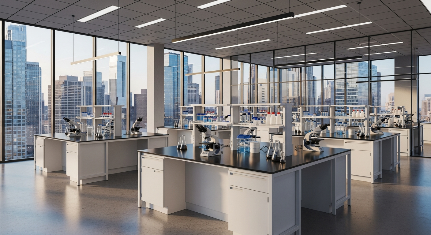 Modern biotech laboratory with glass walls and city skyline — best biotech PR agencies