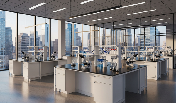 Modern biotech laboratory with glass walls and city skyline — best biotech PR agencies