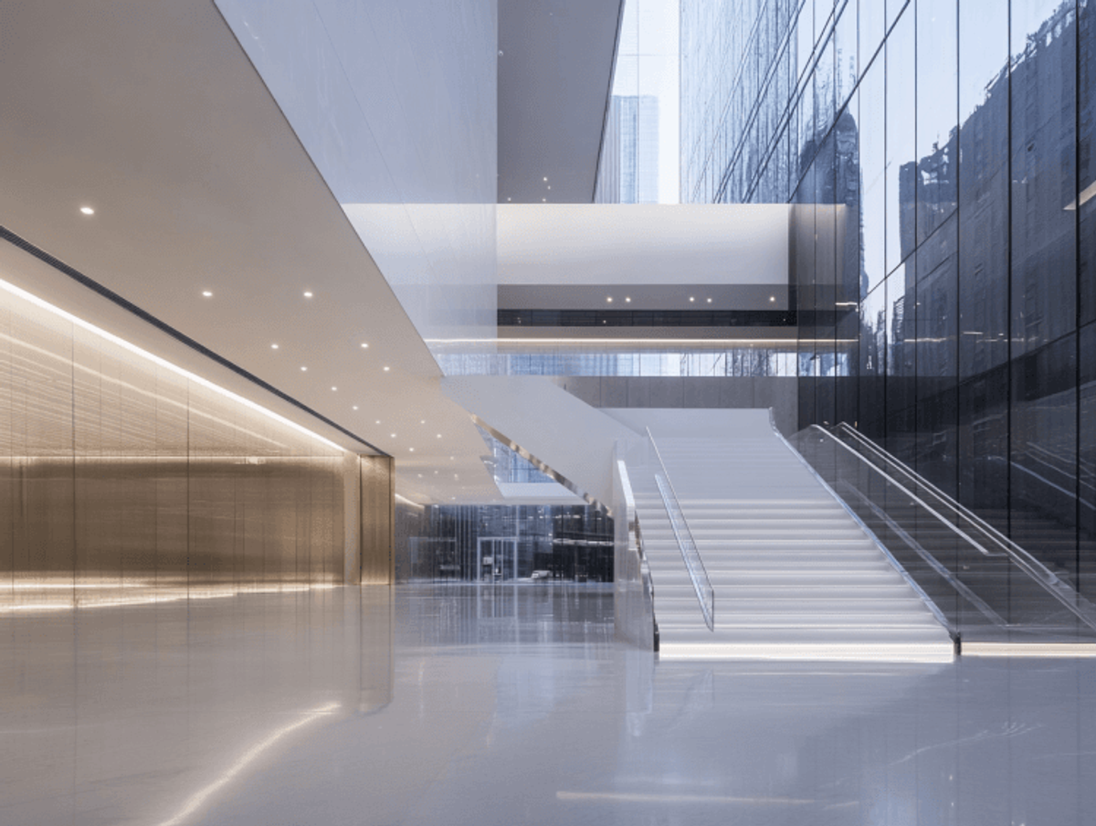 Modern atrium with glass walls and staircase