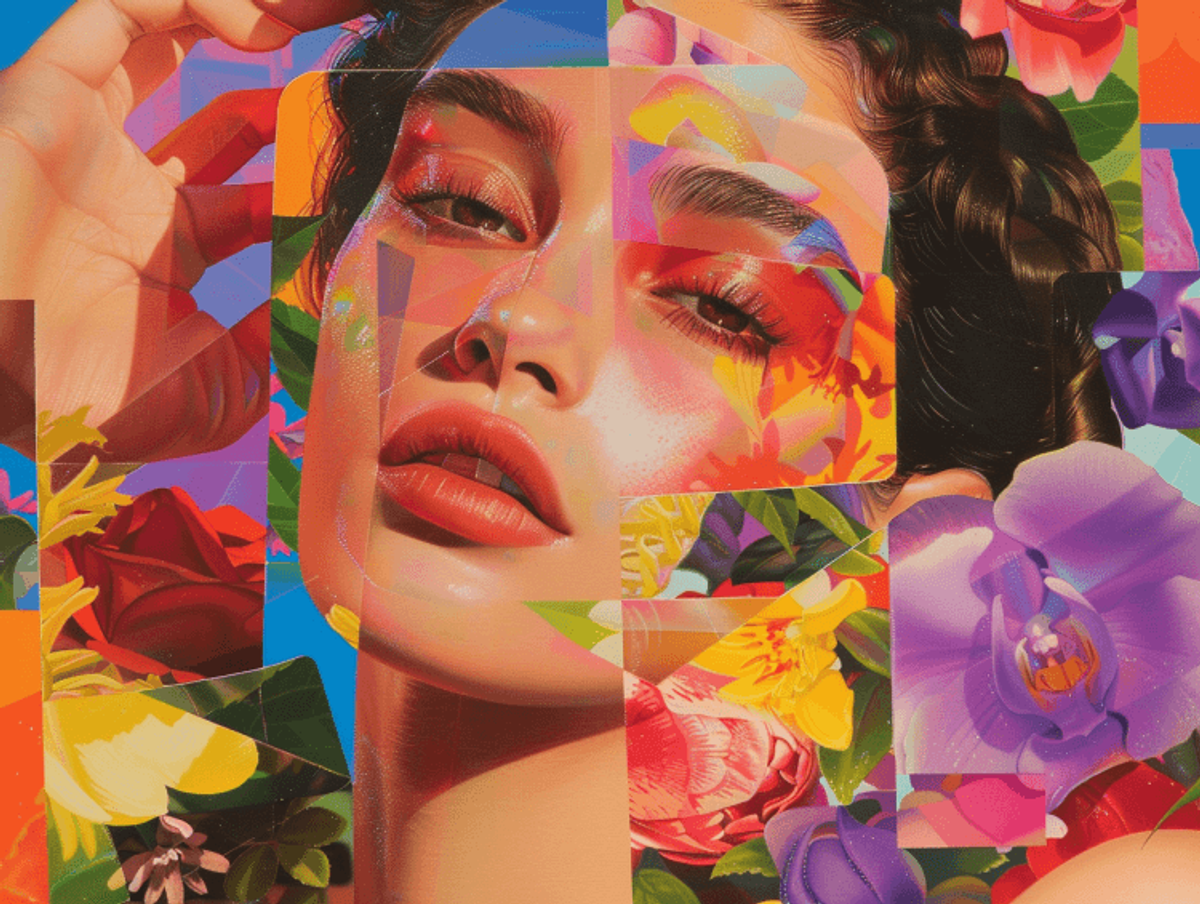 Colorful face collage with flowers and geometric shapes.
