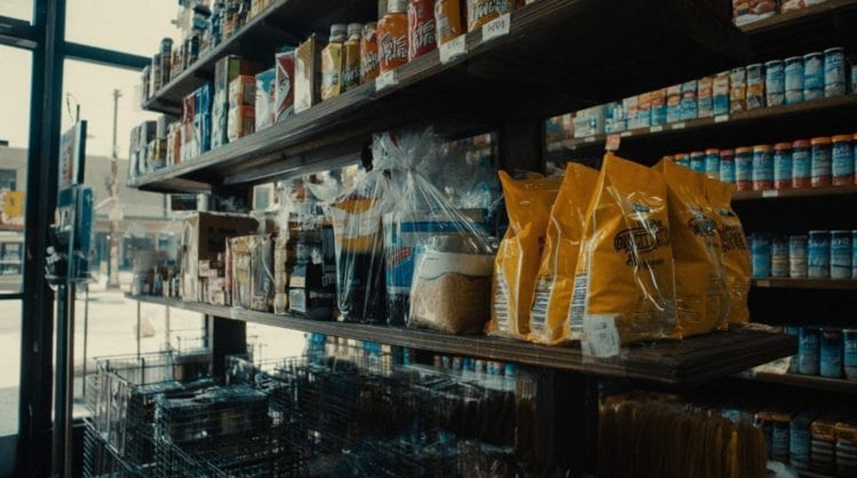 Grocery store shelves with various packaged goods.