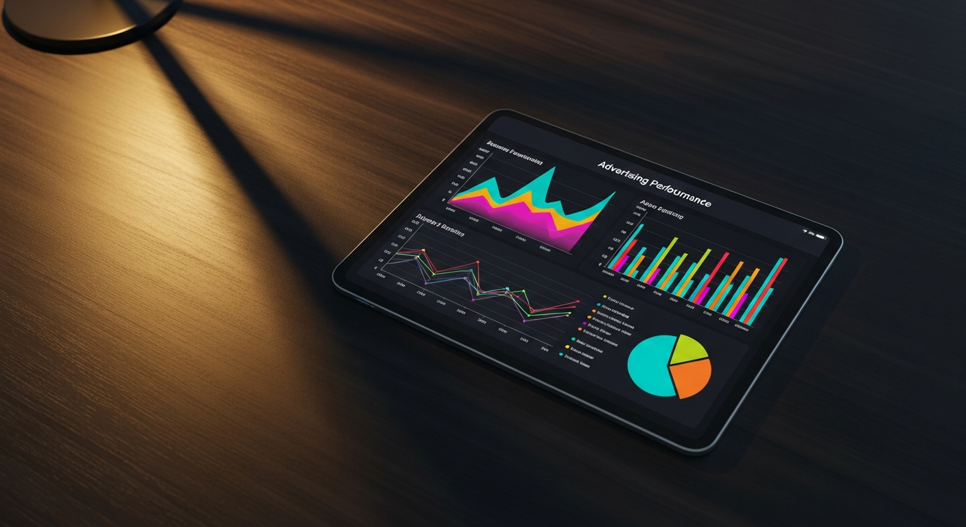 Tablet displaying advertising performance analytics on dark premium surface
