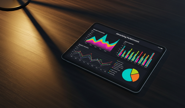Tablet displaying advertising performance analytics on dark premium surface