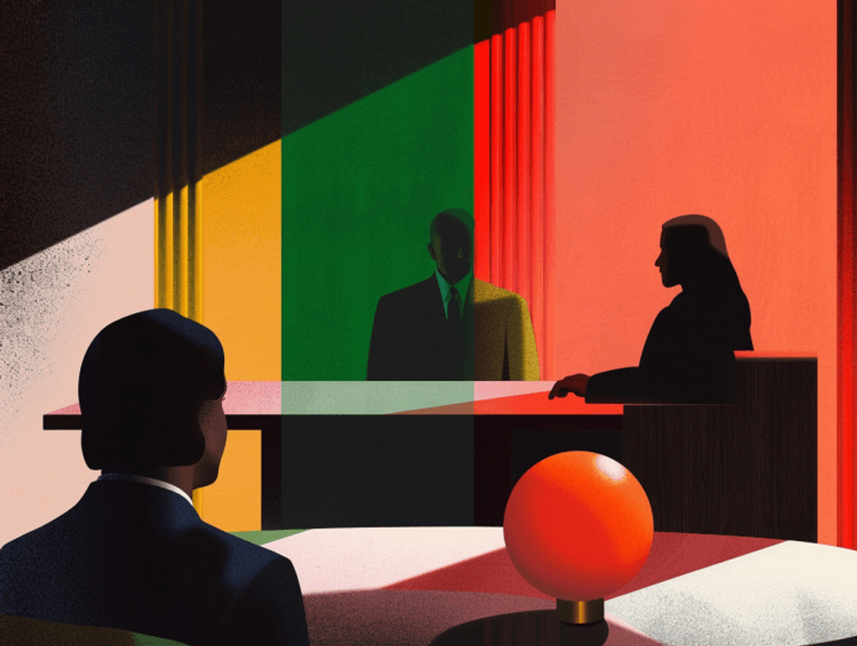 Abstract meeting with colorful lighting and silhouettes.
