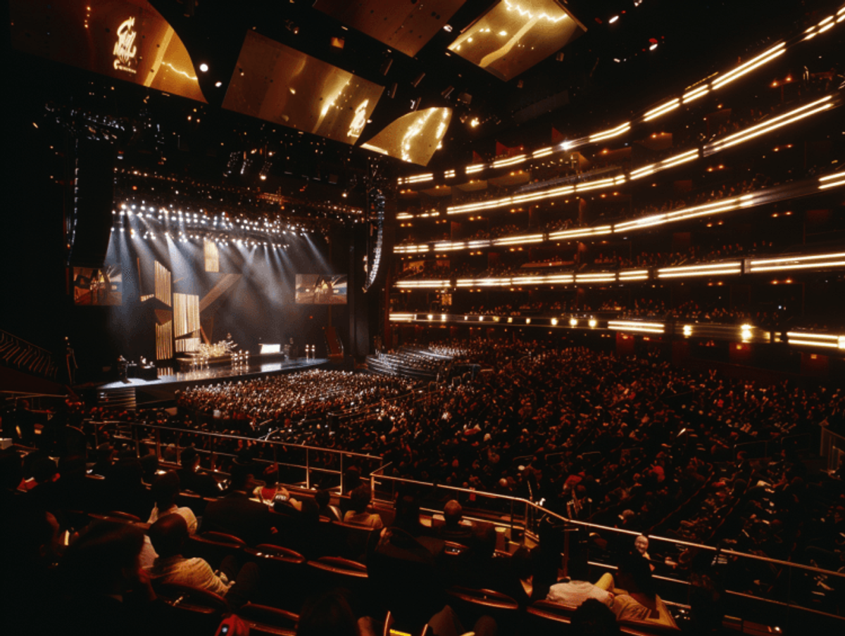 Large audience attending a formal theater event.
