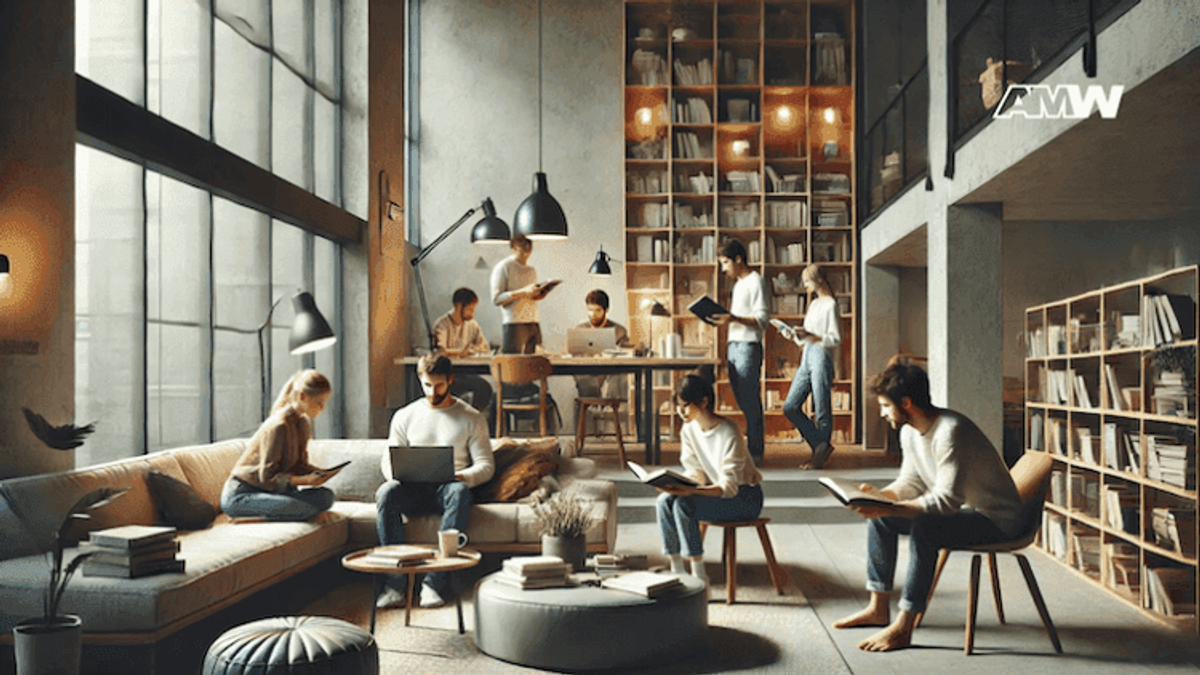 Modern office with people reading and working collaboratively.