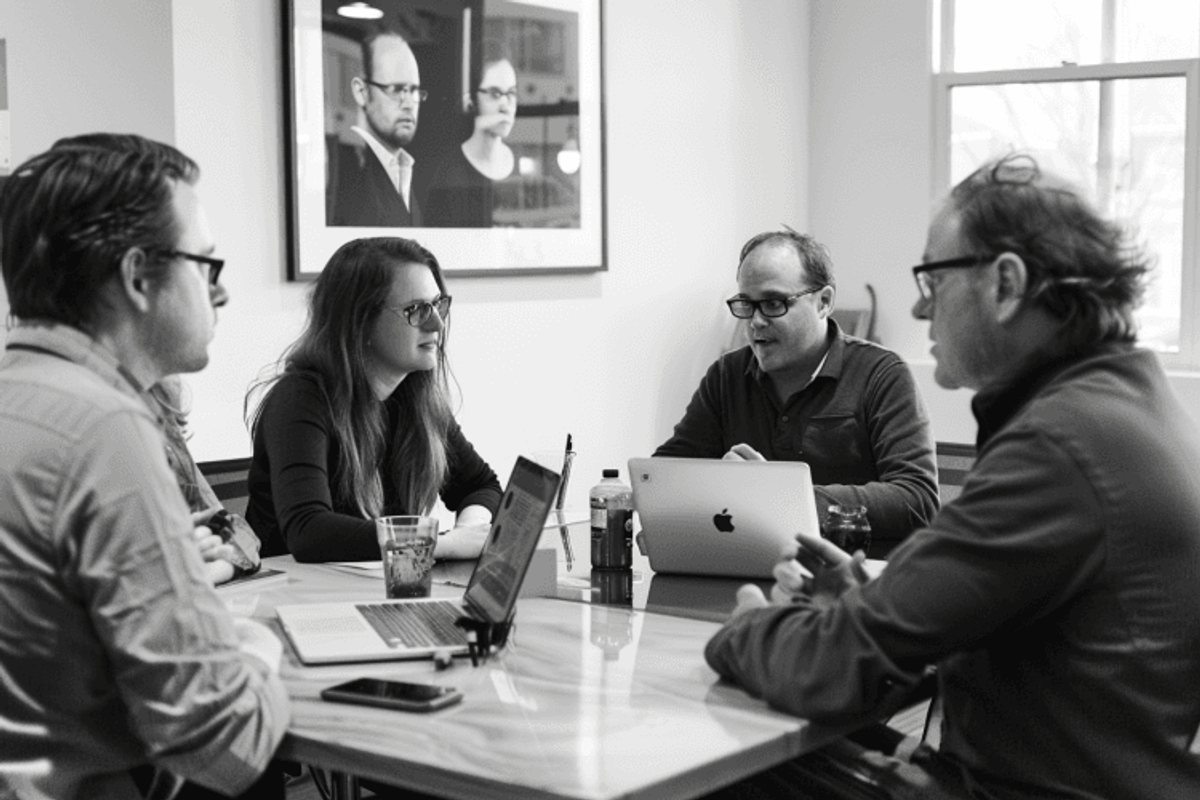 Team meeting around a table with laptops.