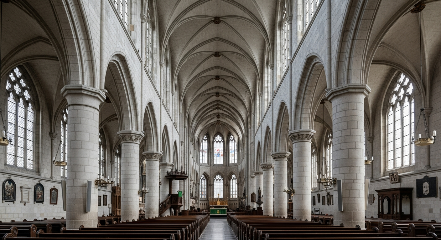 Sunlit gothic cathedral interior with stone columns and timber pews
