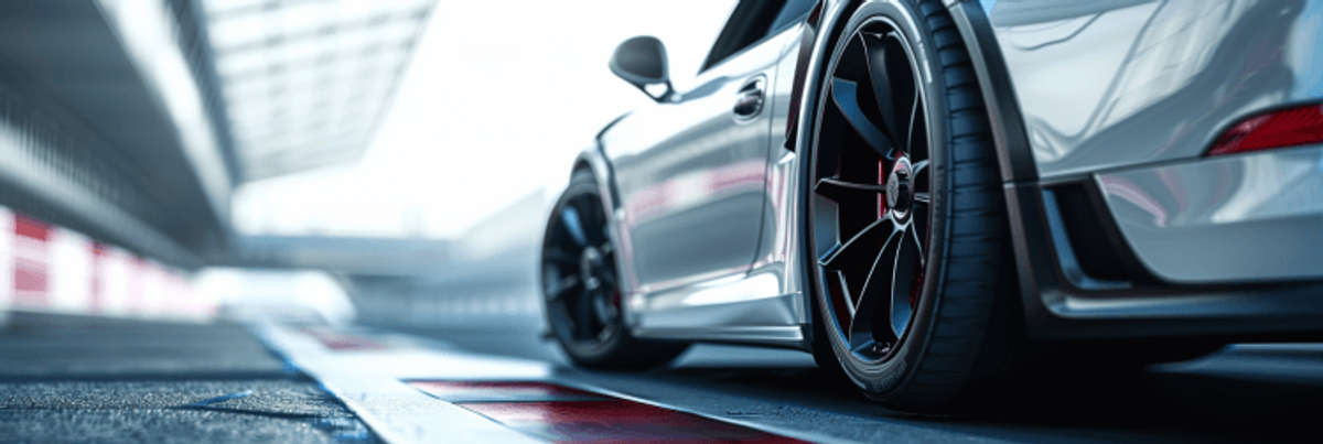 Close-up of a sports car rear wheel.