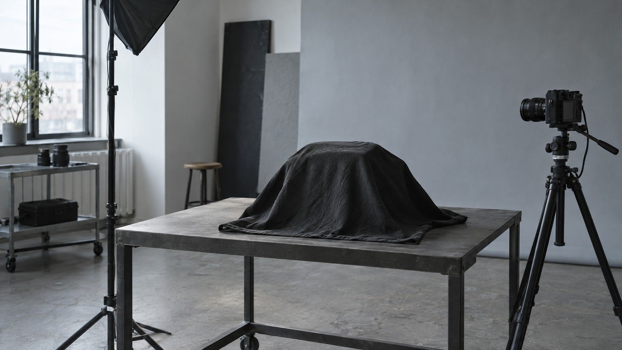 Unbranded matte-black object under a cloth on a product studio table
