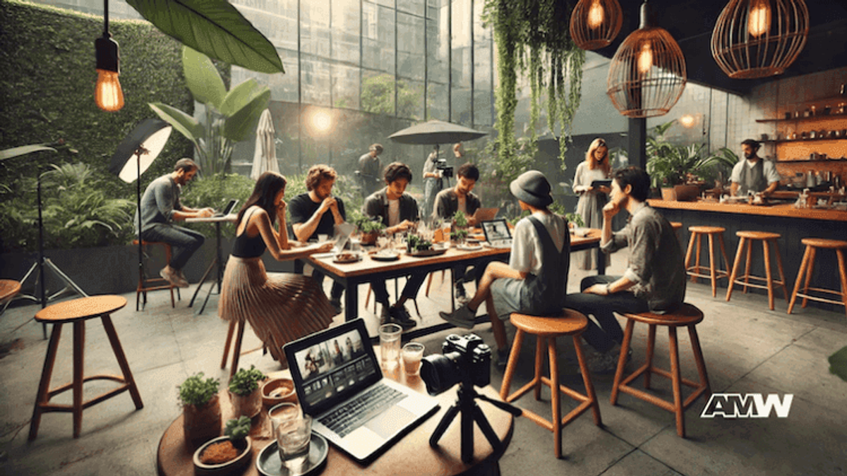 People working in a modern cafe with laptops.