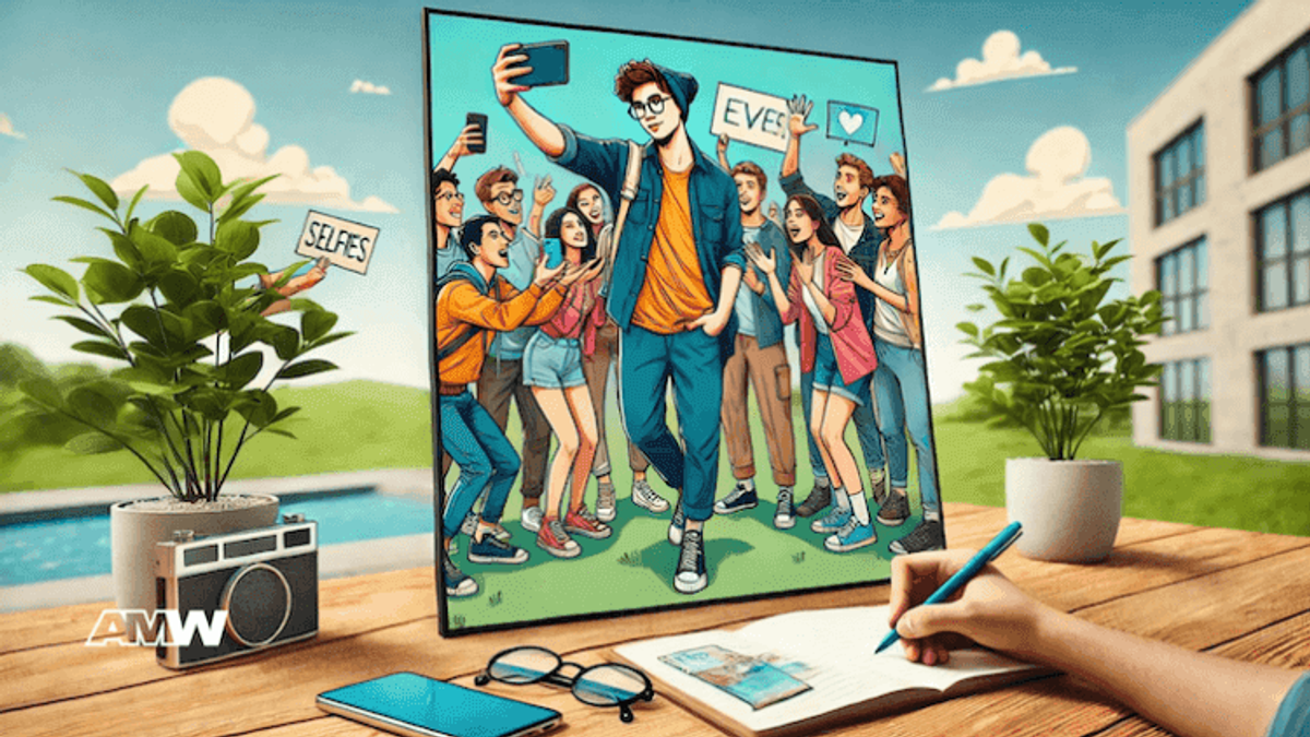 Person drawing cartoon group selfie scene outdoor