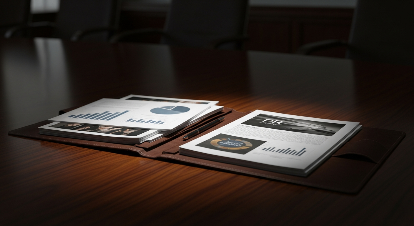 PR agency proposals and evaluation documents in executive boardroom