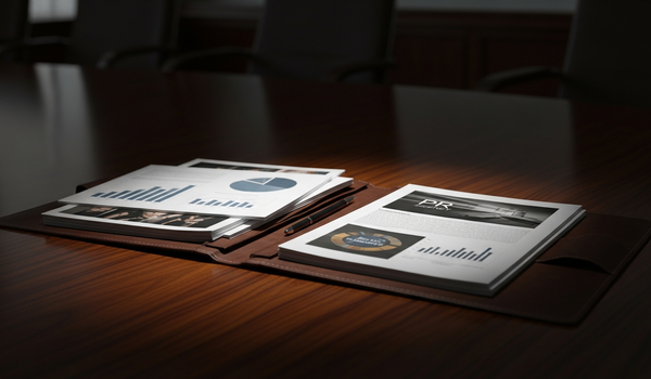 PR agency proposals and evaluation documents in executive boardroom