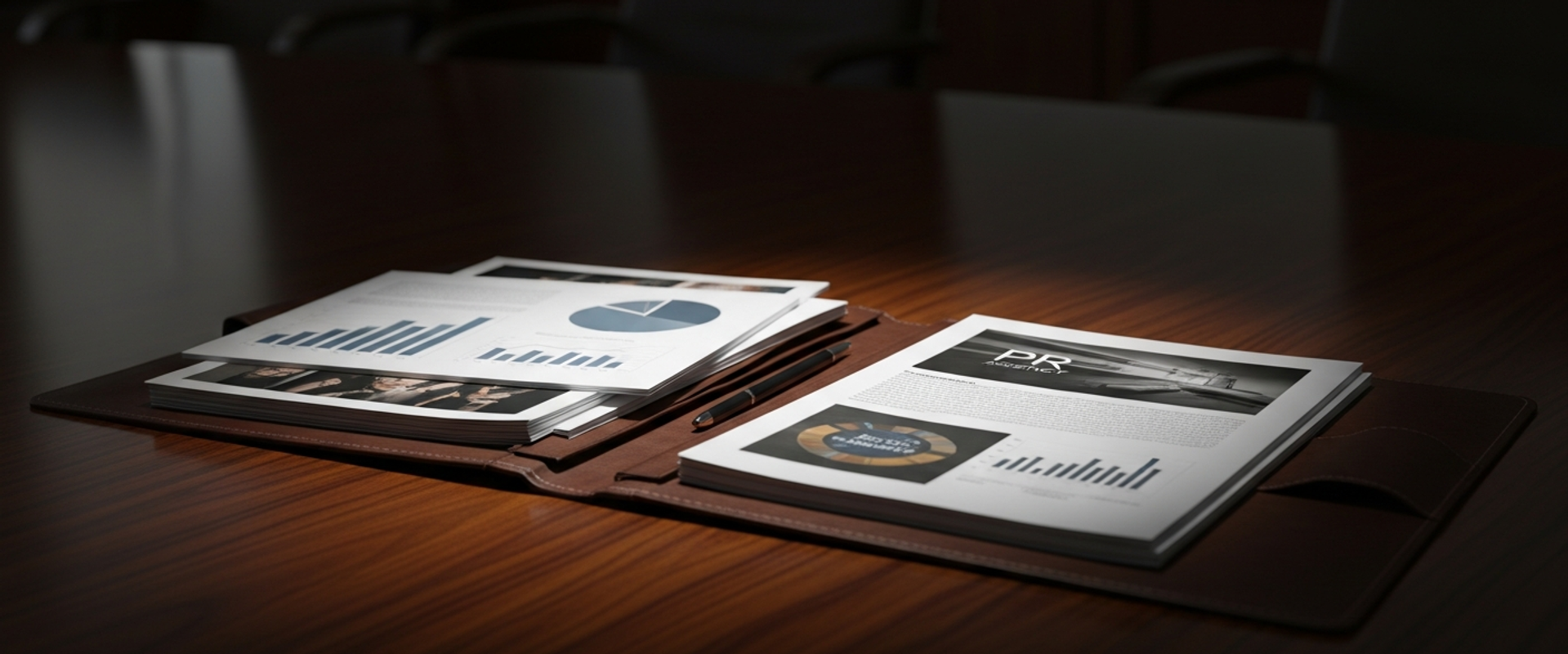 PR agency proposals and evaluation documents in executive boardroom
